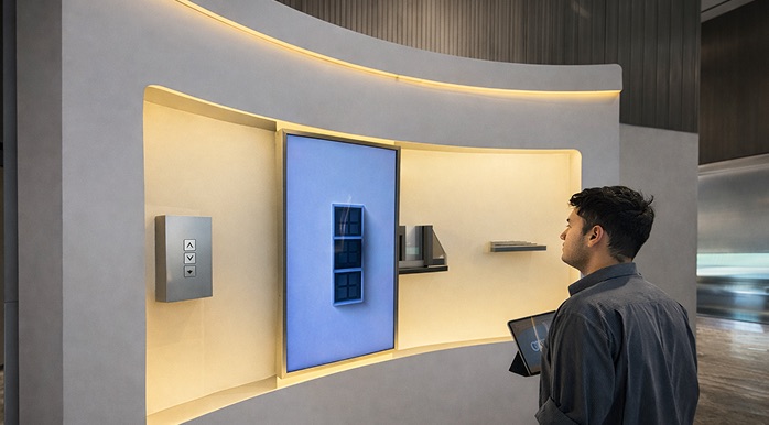 Interactive rotoscopic wall demonstrating high-speed elevator and building engineering systems.